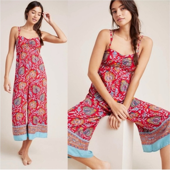 Anthropologie Pants - Anthropologie Red Floral Printed Spaghetti-Strap Jumpsuit with Aqua Trim